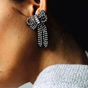 Black bling bow dangle drop statement earrings holiday party Christmas stocking